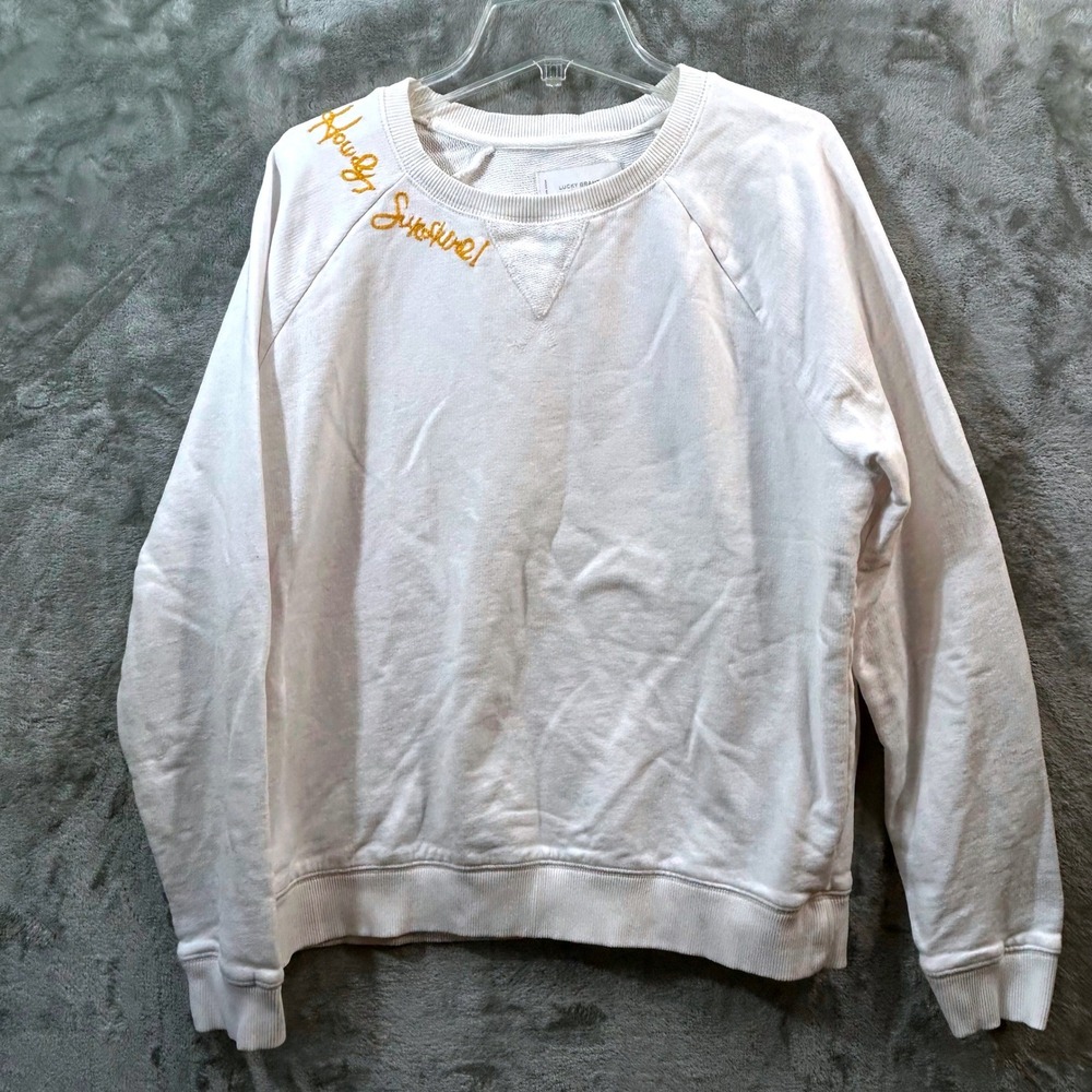 Lucky Brand White Howdy Sunshine Embroidered Raglan Sweatshirt Womens Medium